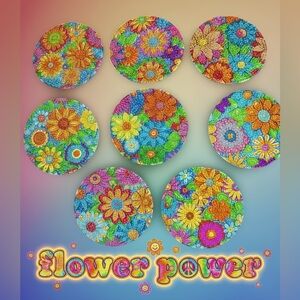 Hand Crafted Diamond Art Coaster Set of Vibrant Retro 70’s Flowers